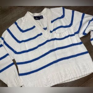 OBR Cream Blue Striped Knit V-Neck Sweater Women’s